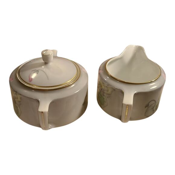 Tirschenreuth PT Gray Pink Flowers Creamer And Sugar Dish Gold Trim Hand Painted - Picture 3 of 12